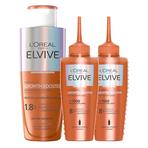 Rutina Anticaída L'Oréal Paris Elvive Growth Booster Champú 200ml Sin Sulfatos* + 2x L'Oréal Paris Elvive Growth Booster Serum Anticaída 102ml (*sin tensioactivos sulfatados)