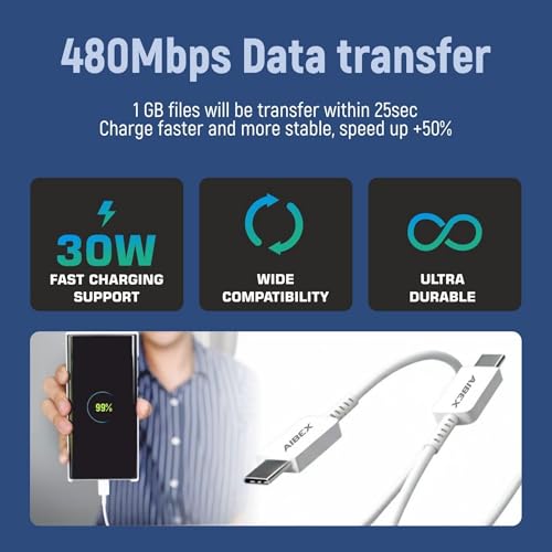 Image of Samsung Superfast Compatible 25W Type C to C Charging Cable High Speed Data Transfer Compatible with Samsung M35 /M15 /F15 /A15 /A14 /M14 /F14 /M34 /F34 /A34 /A54 /S21 Fe /S22 /S23 /S24 /S25Plus Ultra,Tablet-White