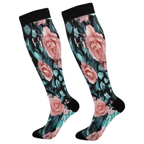 Burbuja Pink Teal Floral Compression Socks for Women Men (20-30mmHg), Knee High Socks Circulation Support for Sport Running Hiking Nurse, 1 Pair
