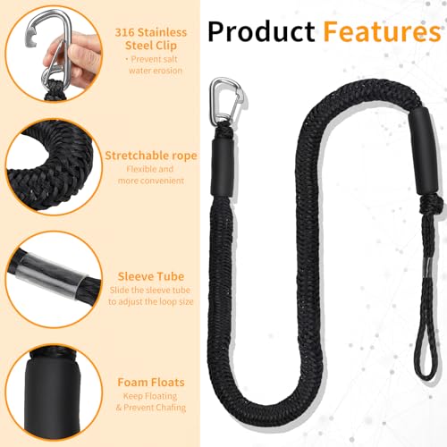 EFUTURETIME 2 x Bungee Dock Line Boot Festmacher Seil 10cm (4FT), Fenderleine mit Auge Schwarz mit Haken, Bootszubehör für Boote, Kajak, Jetski, Pontoon, Kanu