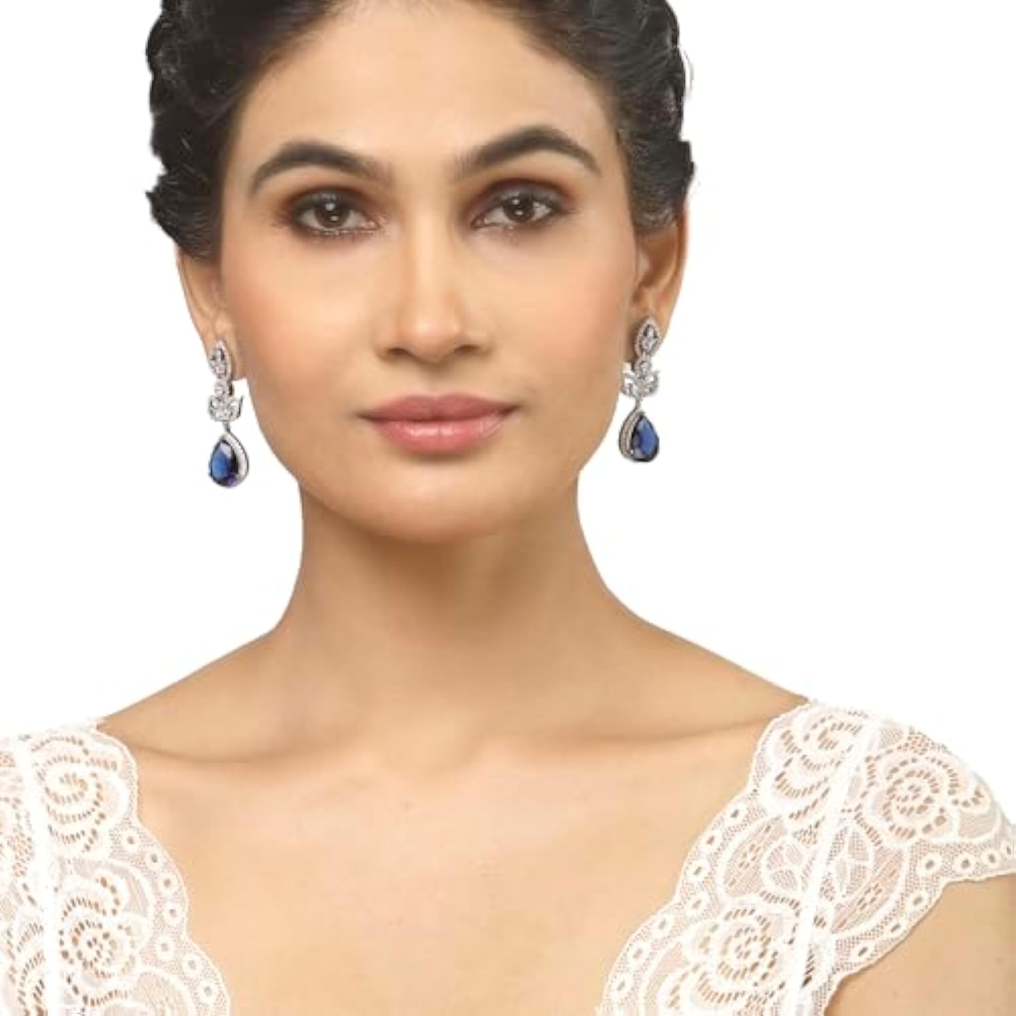 Rhodium-Plated American Diamond Drop Earrings