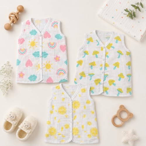 Image of Pack of 3 Muslin Sleeveless Baby Jabla with Buttons | 100% Organic Cotton Newborn Jhabla | Ultra-Soft Breathable Summer Wear for Boys & Girls | Assorted Random Prints Pack