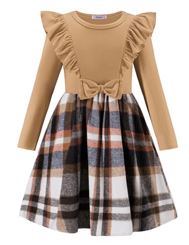 Arshiner Girls Fall Winter Dress Plaid Ribbed Ruffles Long Sleeve Dresses Cute Bowknot Little Girls Clothes 2-6 Years