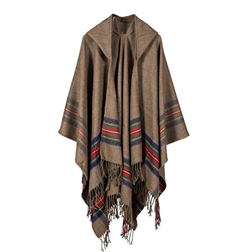 hooded poncho Women hoody Plaid Wrap winter poncho cape open front oversized Pashmina Cardigans sweater Blanket shawl wraps with Tassels(Hoody Kaki)