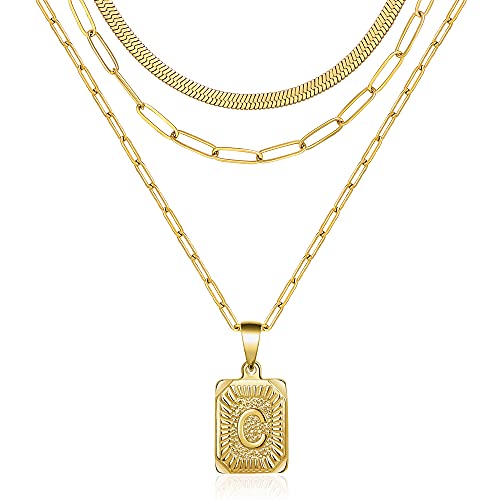 JoycuFF Gold Necklaces for Women Trendy 18K Gold Plated Paperclip Simple Necklaces Herringbone Chain Simple Cute Letter Pendent Gold Initial Necklaces C