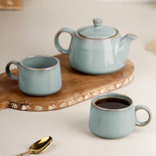 Image of The Earth Store Premium Grey Glaze Ceramic Morning Tea Set - 2 Tea Cups & 1 Kettle Microwave and Dishwasher Safe | Tea Cup with Kettle | Small Morning Set | Ideal for Gifting and Daily Use