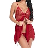 LILIIN Verführerisches Spitzen-Negligée für Damen - Sexy Babydoll Nachthemd mit Spitzenbesatz - Damen Nachtwäsche Schlafanzug - Erotische Dessous in Rot L