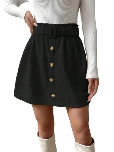 SweatyRocks Women's Corduroy Paperbag High Waist Belted Skirt Casual Button Front A Line Mini Skirt