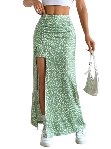 EARKOHA 2025 Skirts for Women Women's Ditsy Floral Full-Print Slit Skirt, Casual Holiday Wear Green XS