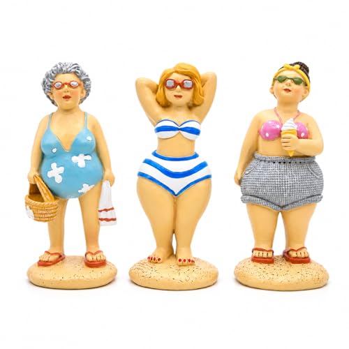 nuvagiki Beach Lady Figurines Set of 3, Funny Bathing Beauty Resin Statues, Coastal Grandma Summer Tabletop Decor for Beach House Bathroom Shelf Tiered Tray Decorations