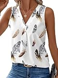 Flamingals Women's V Neck Feather Print Pleated Sleeveless Blouse White L