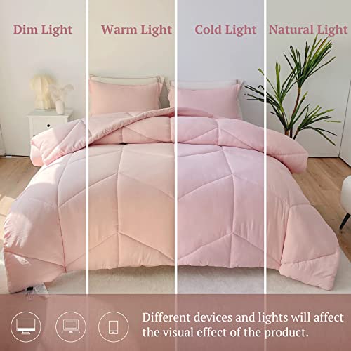 Mildly Pink Bedding Comforter Sets, Queen Comforter Set 100% Washed Microfiber Super Soft 3 Pcs, All Season Reversible Fluffy Down Alternative Quilted Comforter 88X88 Inches, 2 Pillow Shams #TOP5
