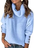 EFOFEI Mujer Cuello Tortuga Jerséis Manga Linterna Cuello Drapeado Tops Túnica Básica Elegante Suéter Azul Cielo XS