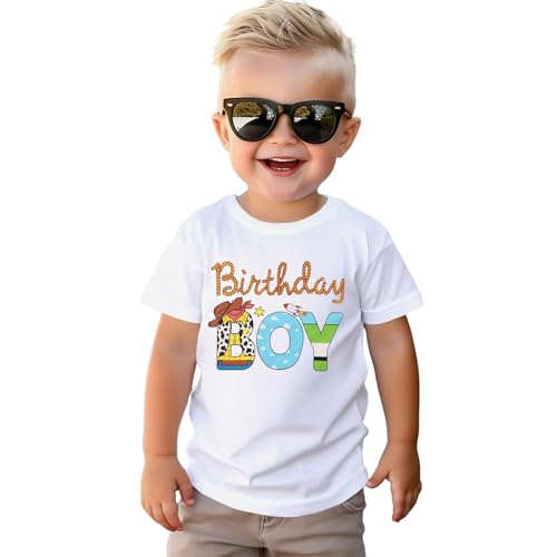 Geburtstags Shirt für Jungen 1-6 Jahre Birthday Boy Kinder T-Shirt Niedliches Cartoon Druck Tshirt Sommer Kurzarm Top Baumwolle Kinderkleidung Baby Geburtstagsparty Outfits(Weiß 2 Jahre)