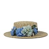 Bord : 7,5 cm. Bajie Chapeau de soleil pour femme en paille de blé à large bord pour l\'été avec fleur bleue
