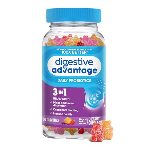 Digestive Advantage 3-in-1 Natural Fruit Flavors Probiotic Gummies for Women & Men Occasional Bloating, Minor Abdominal Discomfort & Gut Health, 60 Count Gummies