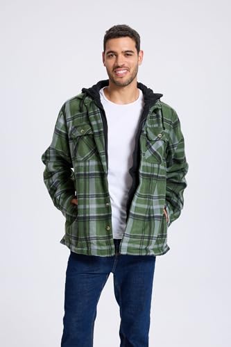 Image of TanBridge Men's Cotton Plaid Shirts Jacket Full Zip Fleece Flannel Sherpa Lined Hoodies Heavyweight Hoodies Jacket for Men
