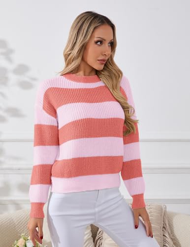 Image of Libsorge Womens Striped Sweater Oversized Cute Color Block Sweaters Spring 2026 Trendy Knit Crew Neck Thin Pullover