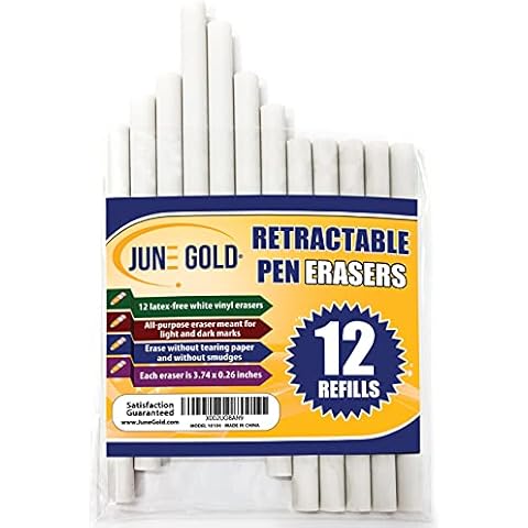 June Gold 12 Pack of Retractable Pen Eraser Stick Refills - Latex-Free, White Vinyl, & Precision Erasing Cover