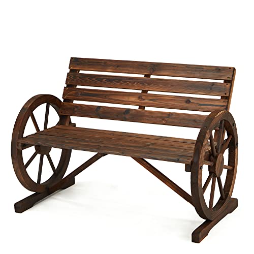 Jomeed Rustic Weather-Resistant Wooden Wagon Wheel 2-Person Outdoor Patio Porch Seat Bench With Slatted Back And Seating, Brown Finish #TOP9