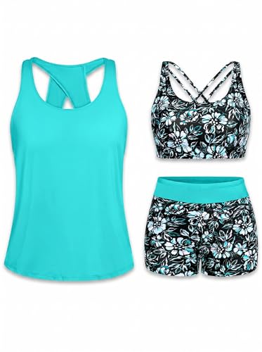 Image of Tempt Me 3 Piece Tankini Swimsuits for Women Athletic Bathing Suits Swim Tank Top with Boy Shorts and Bra Modest Swimwear