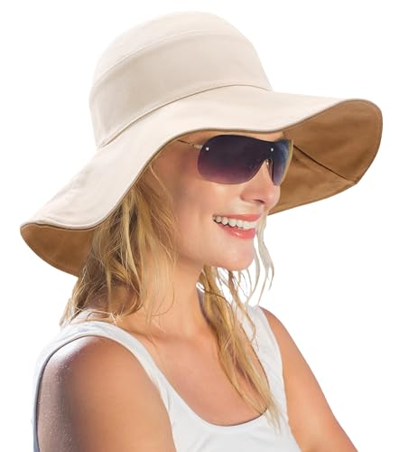 ASSQI Women's Sun Hats Summer Beach Foldable Cotton Cap Wide Brim Chin Cord Beige