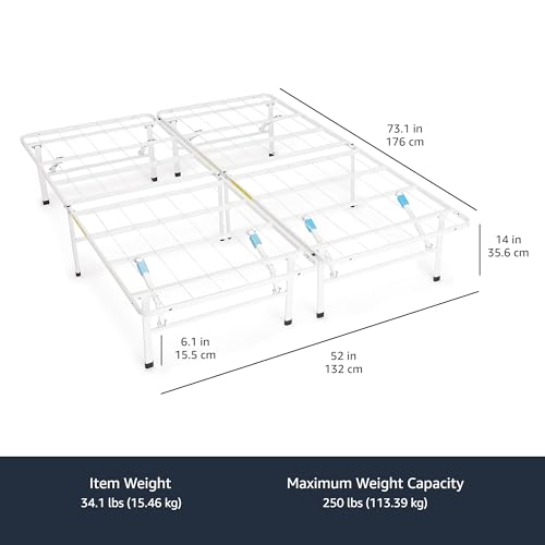Image of Amazon Basics Platform Bed Frame Full, Foldable Metal, Tool-Free Setup, 14 Inches High, White