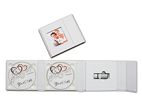 Custodia doppia per chiavetta USB e DVD con cornice inclusa, motivo matrimonio. In ecopelle, colore: bianco