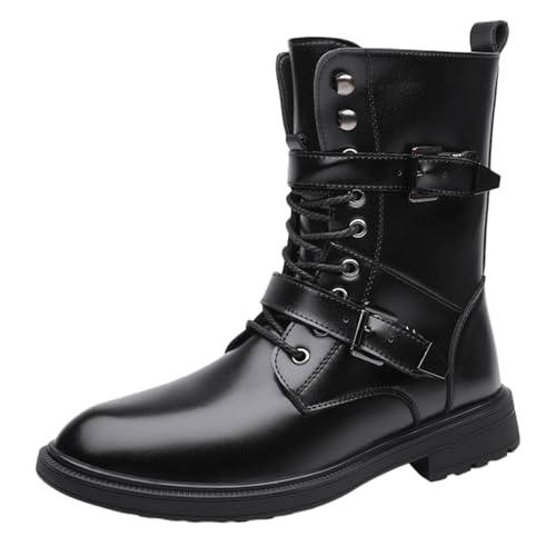 Men's Classic Leather Chukka Motorcycle Boots Comfort Round Toe High-top Lace-up Chunky Low Heel Casual Combat Booties with Two Buckle
