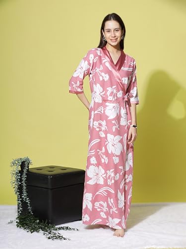 Image of 9shines Label Stylish Cotton Nighty Robe for Women | Front Open Floral Housecoat | Wrap Nighty with Pocket | Adjustable Waist Tie | Plus Size housecoat (HC-2026)