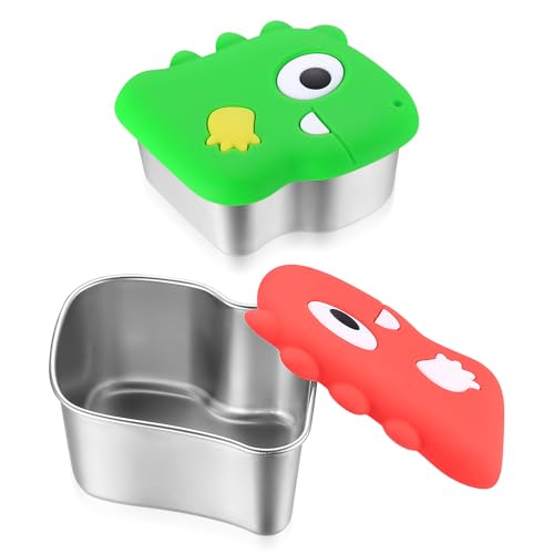 2 Piezas Recipientes para Salsa, 260 ml Contenedores para Alimentos Pequeños con Tapa de Silicona de Dinosaurio, Recipiente de Salsa Acero Inoxidable para Condimentos Bento Llevar