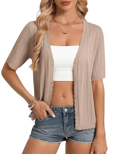 GRACE KARIN Short Sleeve Summer Cardigan Sweaters for Women 2026 Lightweight Shrug Crochet Beach Cover Ups Khaki L
