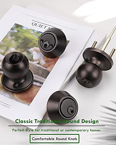 1 Pack Keyed Alike Entry Door Knobs/Keyed Door Lock, Double Cylinder Keyed Deadbolt With Matching Round Style Knob, Classic Oil Rubbed Bronze Finish, Door Hardware & Lock #TOP1