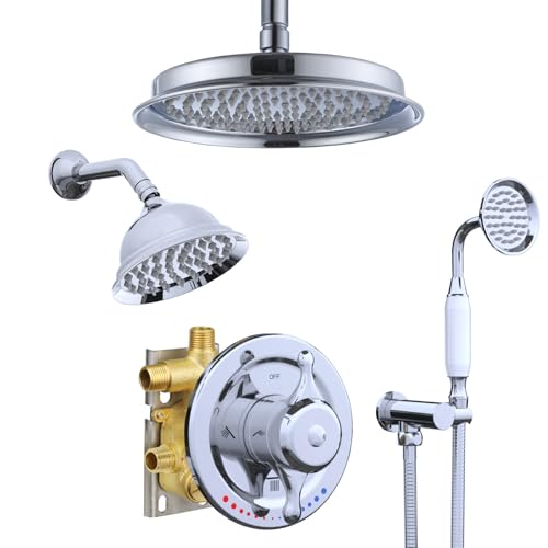 Sistema de ducha Dual Rain Antique con cabeza fija y rociador manual | Revestimiento multilayer, grifería vintage, válvula de doble control con 3 funciones y control independiente de temperatura, acabado cromado miniatura 1