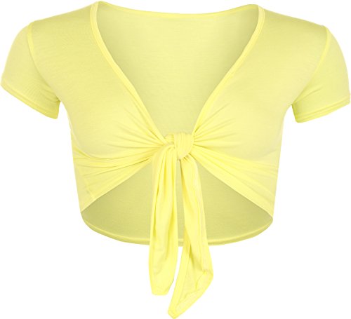 WearAll New Ladies Tie Up Shrug Crop Top Womens Short Sleeve Stretch Open Top Yellow 12/14