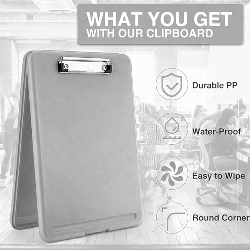 Image of YAJNAS A4 Foldable Plastic Clipboard with Built-in Storage and Pen Holder, Grey, 24 x 31 cm, for Office, Travel, Students, Teachers, Doctors, Nurses (Grey)