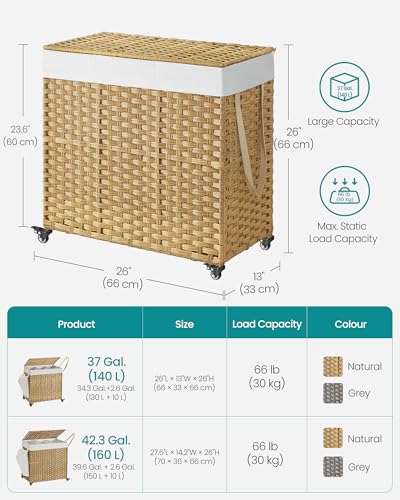 SONGMICS Laundry Basket with Lid, 140 L, Rolling Laundry Hamper with Wheels, 3-Compartment Synthetic Rattan, Removable Liner, for Laundry Room, Bedroom, 66 x 33 x 66 cm, Natural LCB363N01 - Image 7