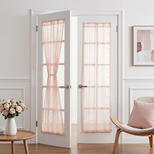 Image of MYSKY HOME Pink Lace French Door Curtains 72 inch Long 2 Panels Boho Sheer Floral Curtains for Door Window Scalloped Doorway Sidelight Curtains Come with 2 Matching Tie-Backs, 26 inch Wide Each Panel