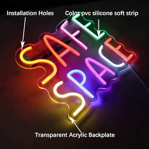 Image of Safe Space Neon Sign | Therapy Office Decor 9.4x11.4 Inch Mental Health Wall Art with Hooks & USB (Cool Touch, Easy Install)