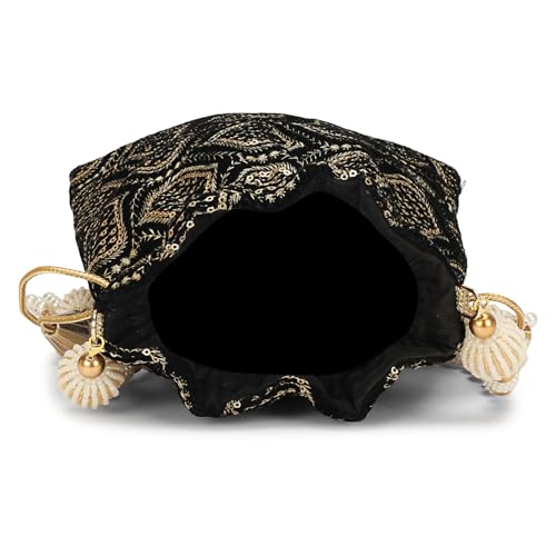 Image of LONGING TO BUY Indian Embroidered Pearl Potli Bag For Women, Sequence Design with Tassel, Wedding Potli Bags