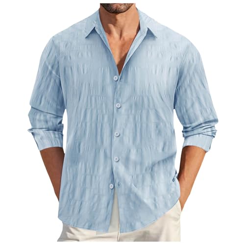 Cexiakong Camisa de lino para hombre, camisa de manga larga, de corte recto, camisa de playa de algodón y lino, camisa casual, camisa de negocios, otoño, ocio, azul, 3XL