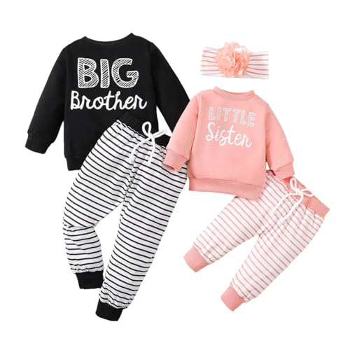 Image of Honykids Big Sister Little Brother Matching Outfits Sweatshirt Top Pants Toddler Newborn Fall Winter Clothes