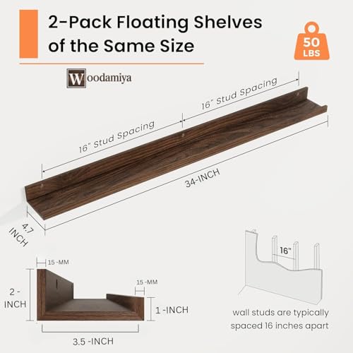 Image of Wooden Wall Mounting Shelves for Decorative Wall Shelf for Books, Decor, and Display - Elegant Space-Saving Design (Walnut Finish, 34 INCH)