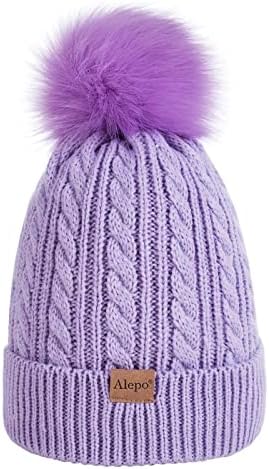 Alepo Beanie Hat Kids Warm, Bobble Hat Pom Poms, Winter Hats for Kids Fleece Lined Knitted Thick Ski Cap for Girls Boys
