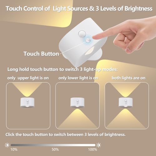 Image of UP&Down Light Source Wall Sconces with Motion Sensor, Cordless LED Wall Night Lights 360Rotate & Rechargeable Battery Operated, 3 Brightness, Indoor Motion Detection Wall Lamps for Pic Corridor-White