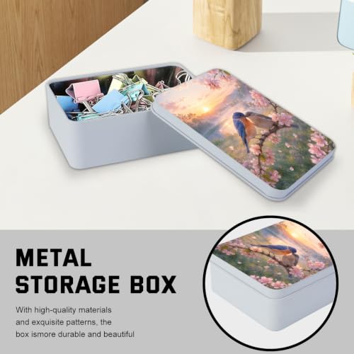 Image of Decorative Metal Tin Box with Lid,Blue Birds Cherry Organizer