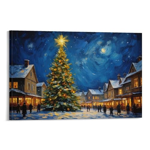 Vintage Winter Wall Art Prints with Christmas Tree And Town