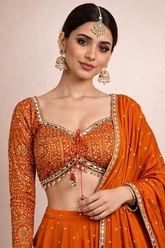 Image of Suppar Sleave Women's Embroidered Vichitra Silk Lehenga Choli Dupatta Set Semi-Stitched Blouse and Fit & Flare Style