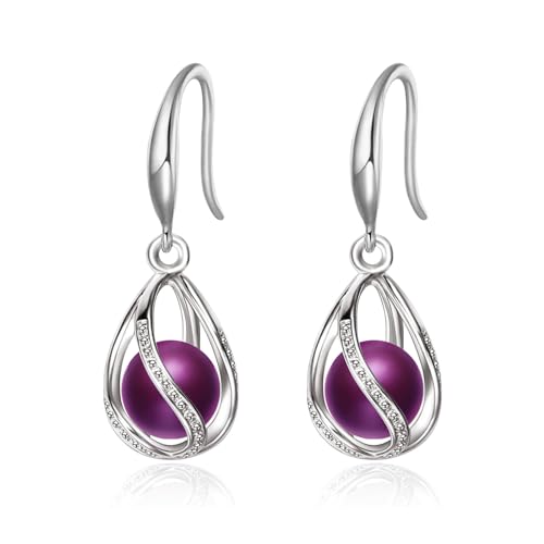 GLESOS Composite Pearl Earrings Round Ball Pearls Hypoallergenic Imitation Pearl Gold Hoop Earrings for Women Girls Purple 8mm