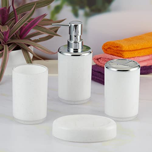 Image of Kookee Acrylic Bathroom Set - Stylish 4 Piece Bath Accessories Kit with Soap Dispenser, Toothbrush Holder, Tumbler & Soap Dish - Modern & Designer Decor for Home & Guest Bathrooms (10050)